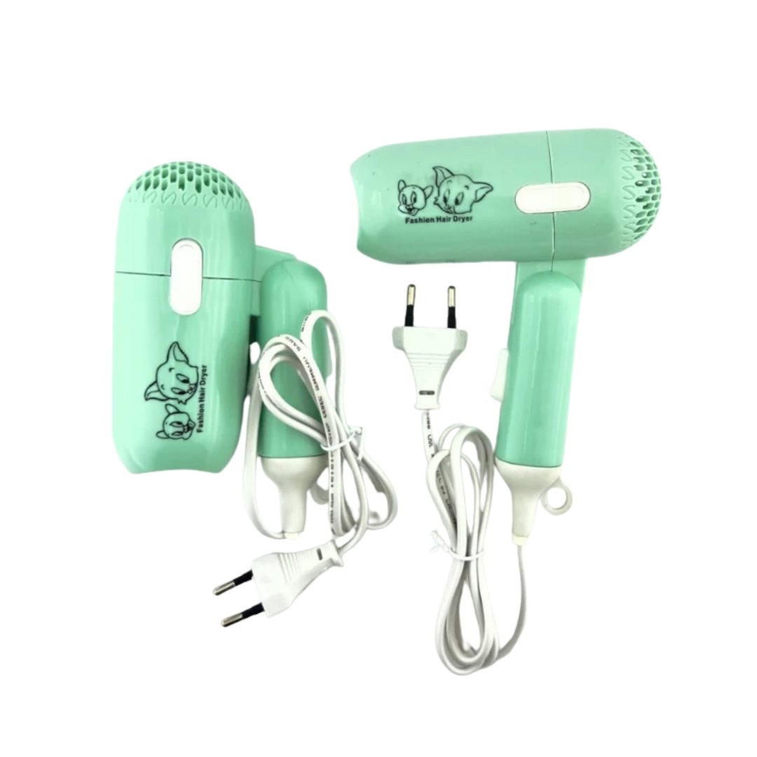 Mint green compact hair dryer set with folding handle, cartoon print, EU plug, white power cord.
