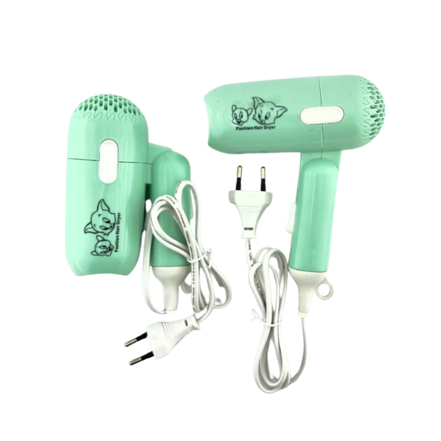 Mint green compact hair dryer set with folding handle, cartoon print, EU plug, white power cord.