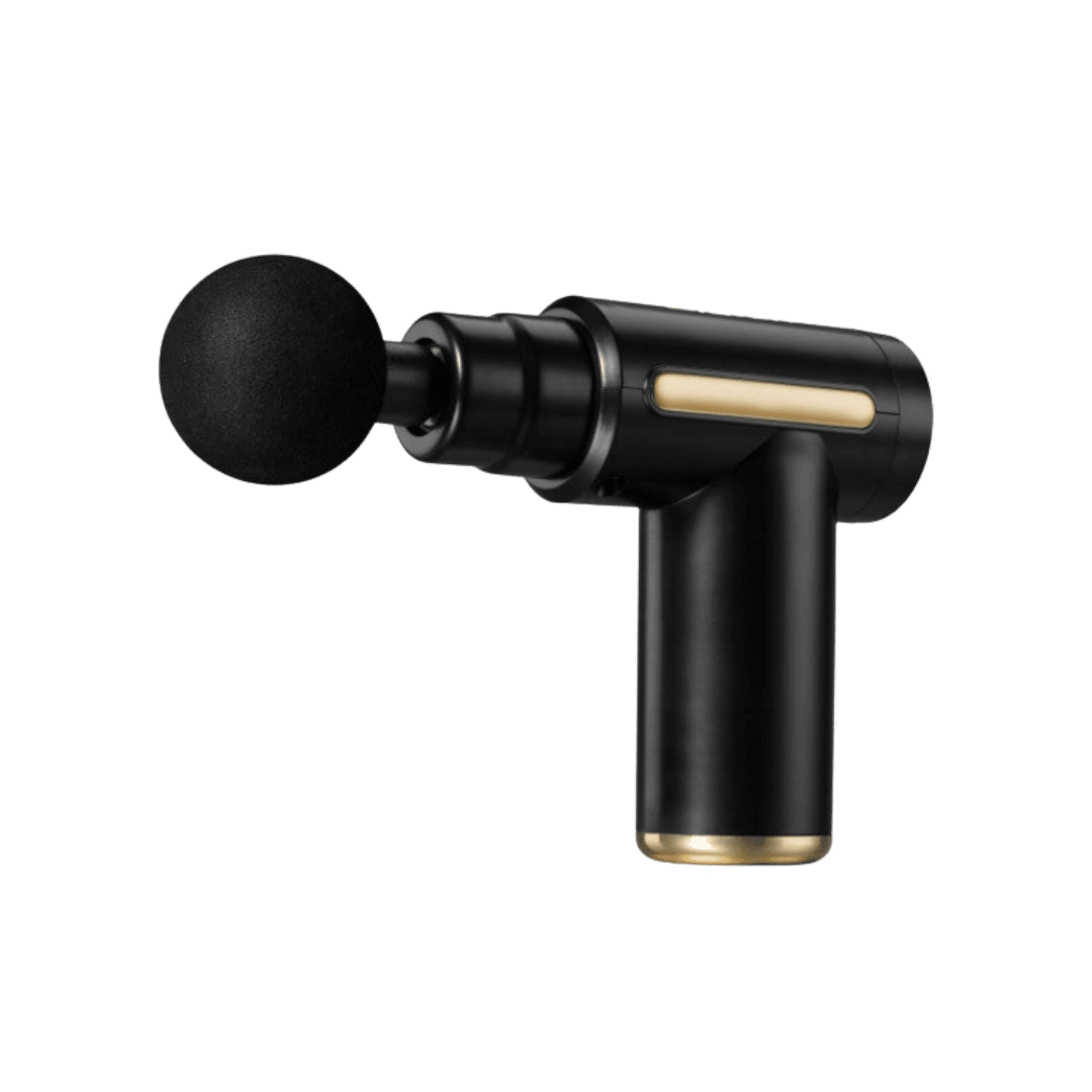 Black handheld massage gun with round foam head, gold side accent, and cylindrical handle