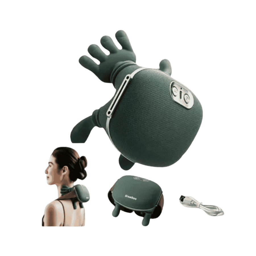 Portable green electric neck and shoulder massager with hand-shaped nodes, control buttons, and USB cable.