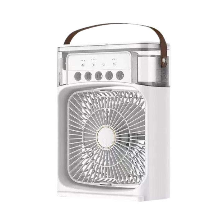 White portable mini cooling fan with front grille, control buttons, transparent top compartment, and brown carry handle