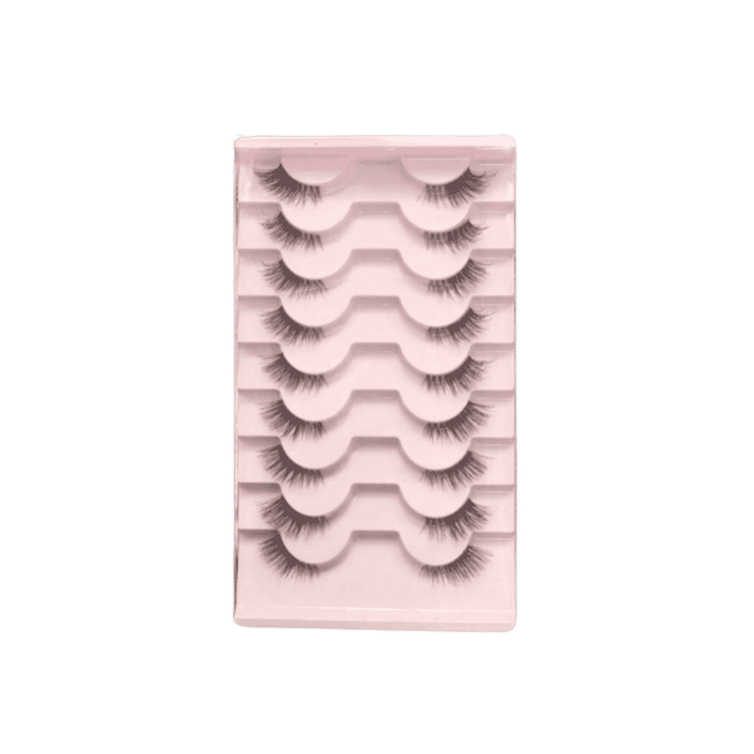 False eyelash set in pink plastic tray with six pairs of black lashes
