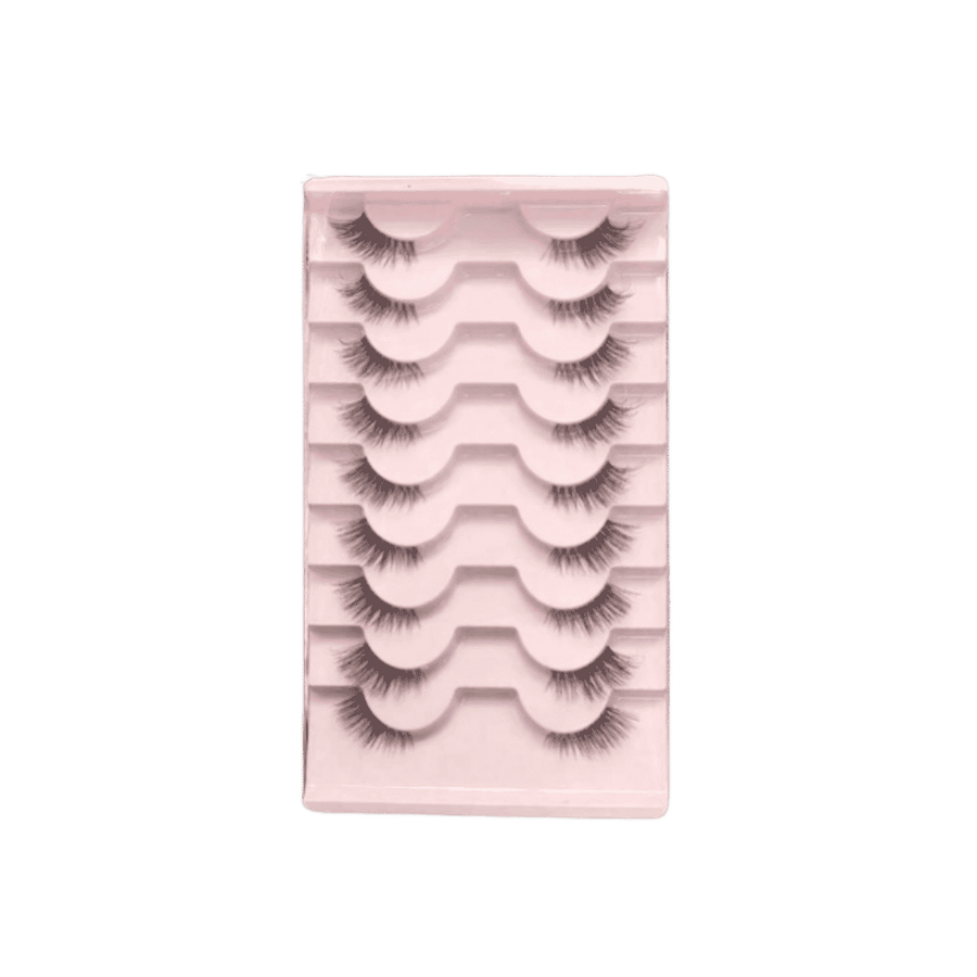 False eyelash set in pink plastic tray with six pairs of black lashes