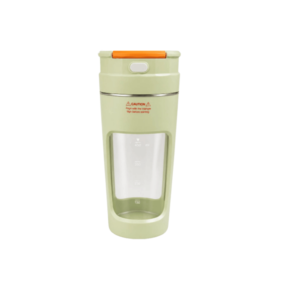 Light green portable blender cup with transparent measurement window, orange lid, and caution text