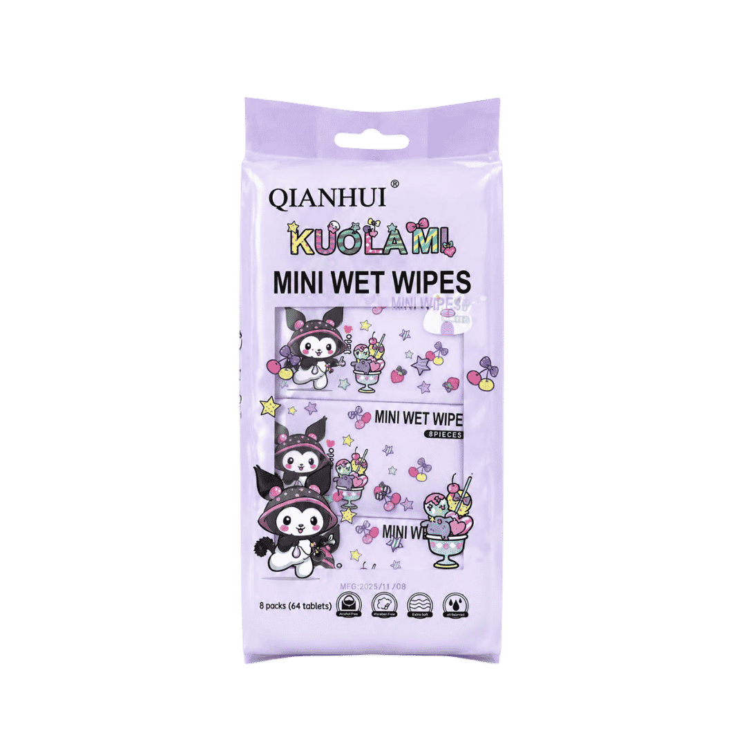 Qianhui Mini Wet Wipes 8 pack with 64 tablets in purple cartoon-themed plastic packaging
