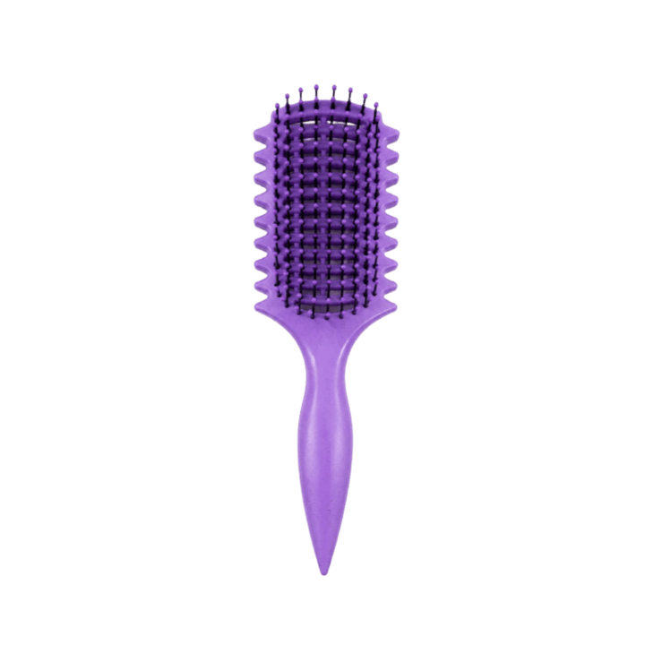 Purple vented detangling hair brush with black bristles, pointed handle, and side comb teeth.