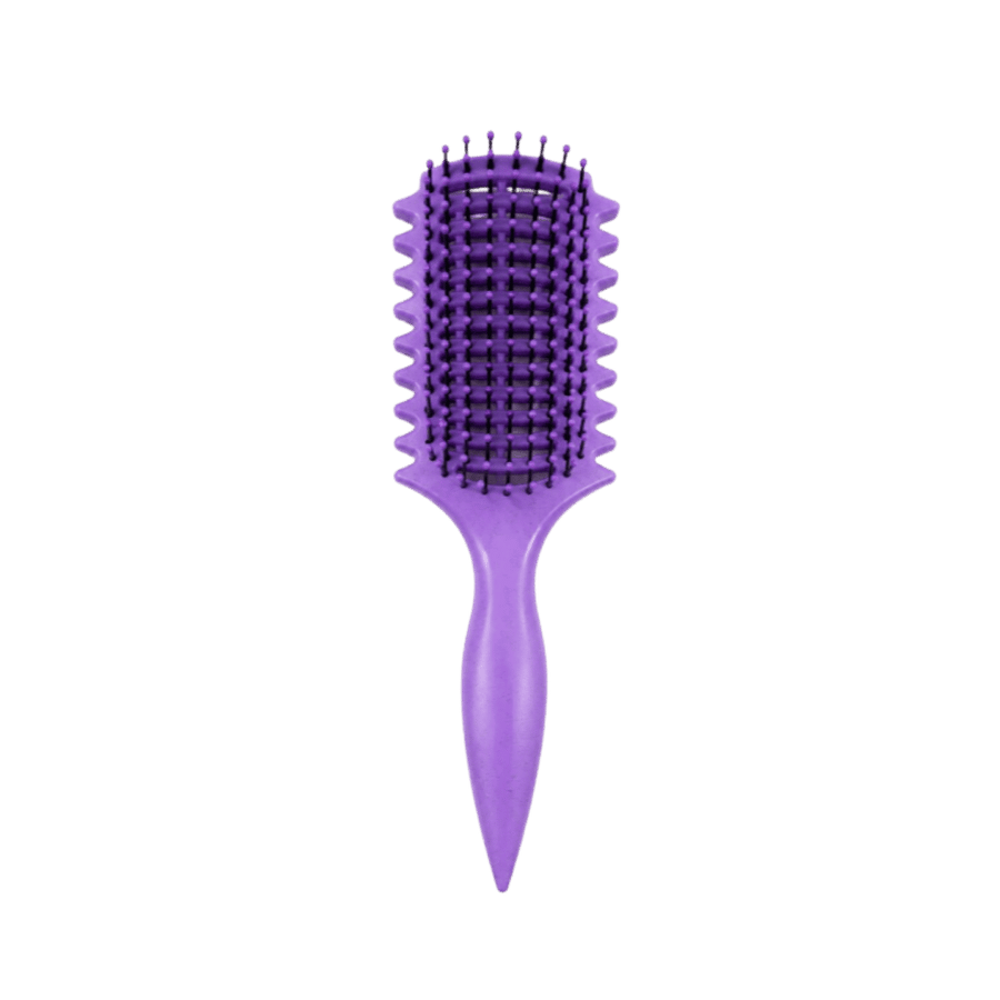 Purple vented detangling hair brush with black bristles, pointed handle, and side comb teeth.