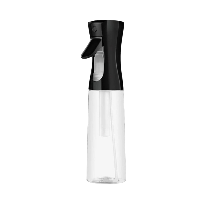 "Clear plastic spray bottle with black nozzle, designed for continuous spray, 300ml capacity."