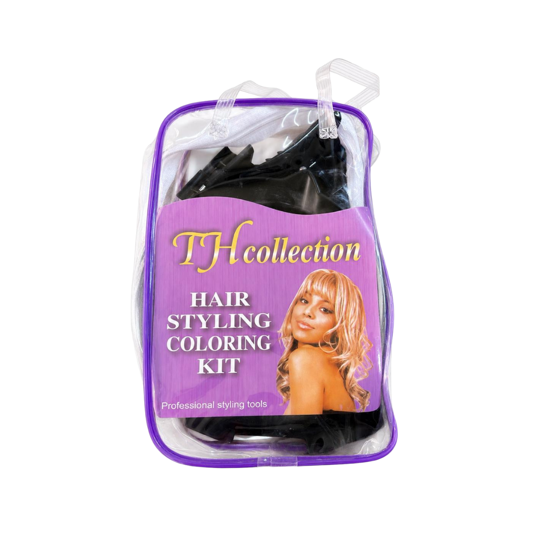 TH Collection hair styling coloring kit in clear purple zip bag with black professional tools