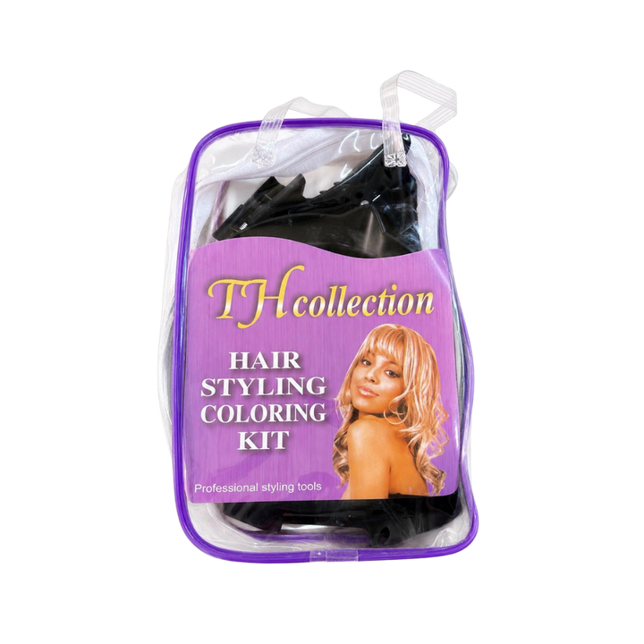 TH Collection hair styling coloring kit in clear purple zip bag with black professional tools