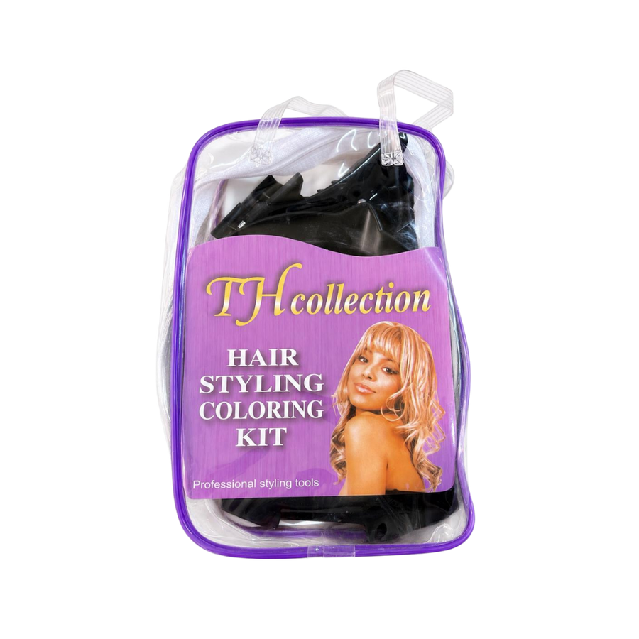 TH Collection hair styling coloring kit in clear purple zip bag with black professional tools