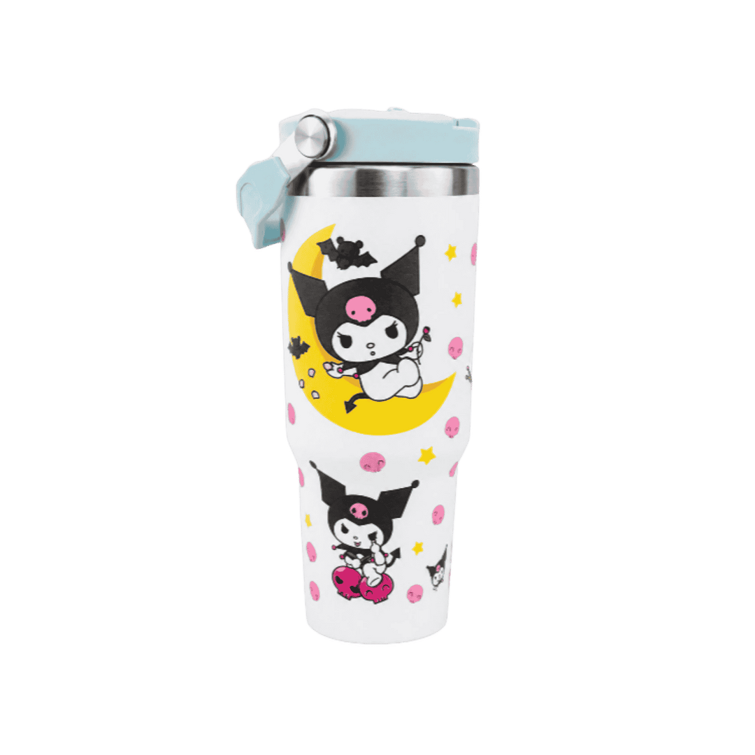 White Kuromi stainless steel tumbler with light blue flip lid and printed character designs