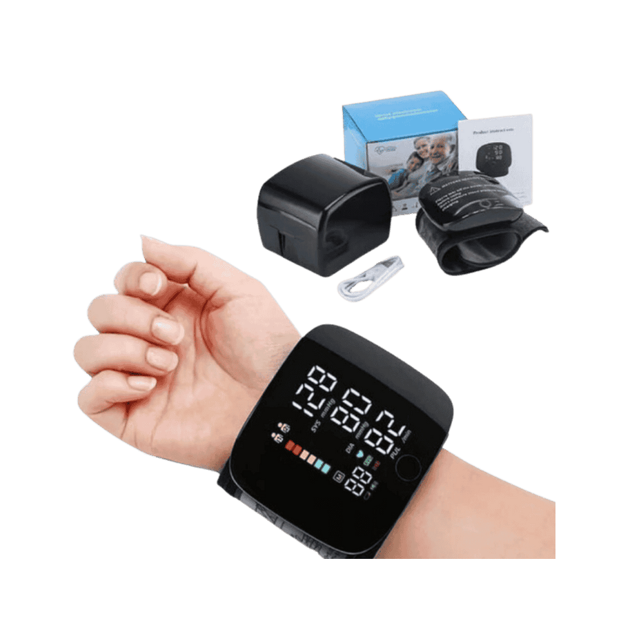Digital wrist blood pressure monitor with a large display, colorful reading indicators, and a compact design. Includes a cuff, charger, and packaging.