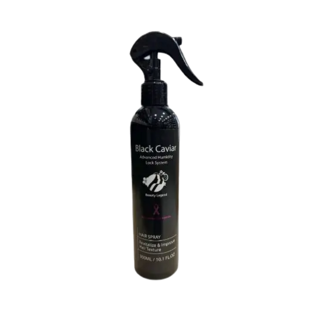 Black Caviar Beauty Legend hair spray bottle with trigger nozzle, black packaging, 300 ml size
