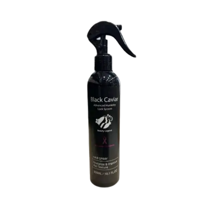 Black Caviar Beauty Legend hair spray bottle with trigger nozzle, black packaging, 300 ml size
