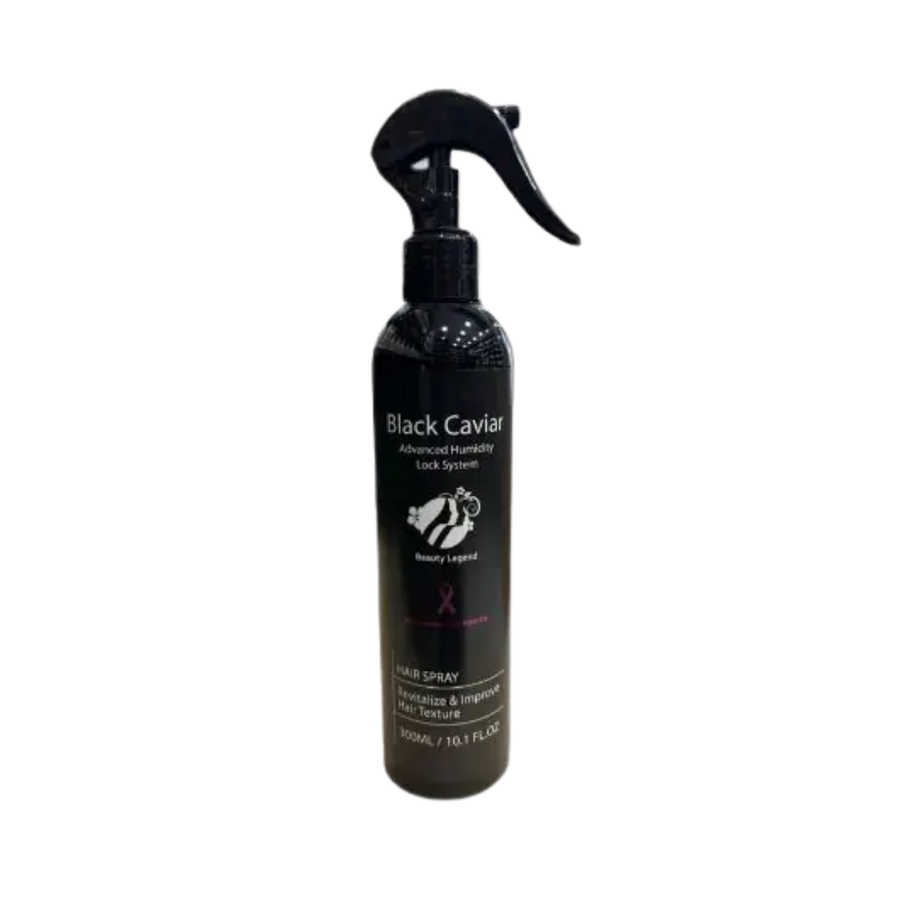 Black Caviar Beauty Legend hair spray bottle with trigger nozzle, black packaging, 300 ml size
