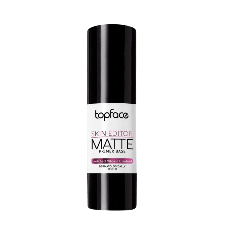 Topface Skin Editor Matte Primer Base in black-and-white cylindrical bottle with pink and black lettering.