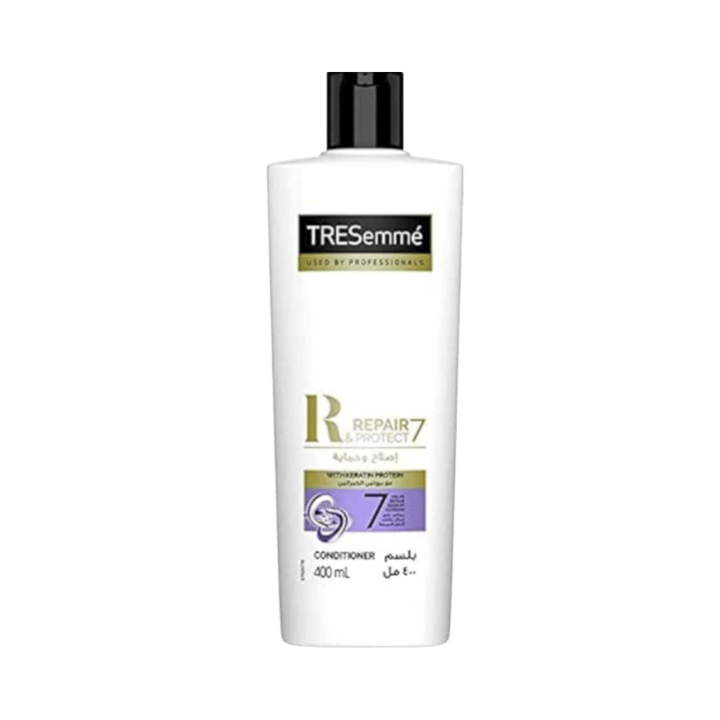 TRESemmé Repair 7 & Protect conditioner, white 400ml bottle with black cap and purple label