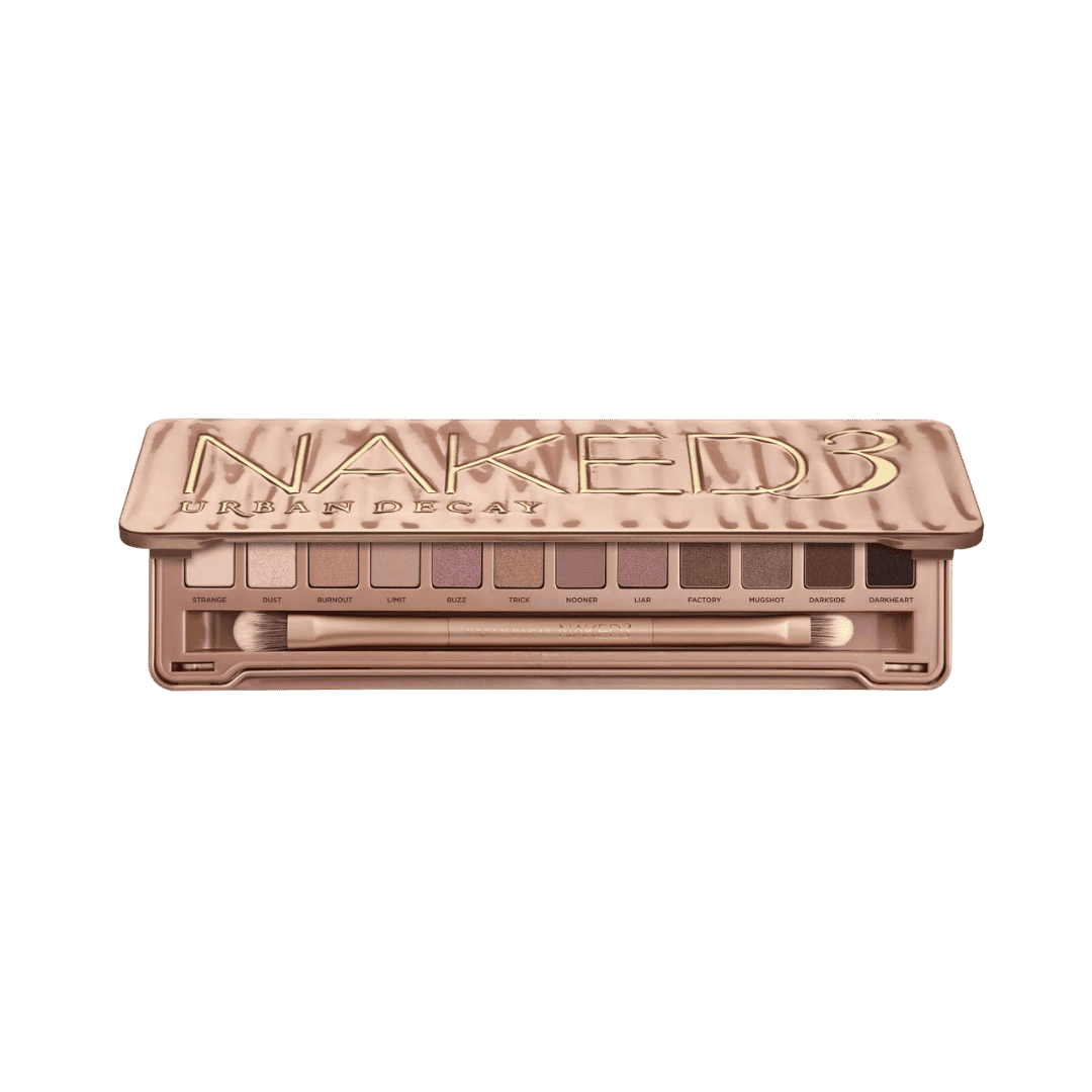 Rose-toned neutral eyeshadow palette with 12 shades, mirror, and double-ended brush packaging
