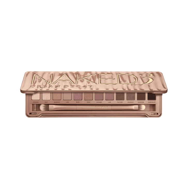 Rose-toned neutral eyeshadow palette with 12 shades, mirror, and double-ended brush packaging