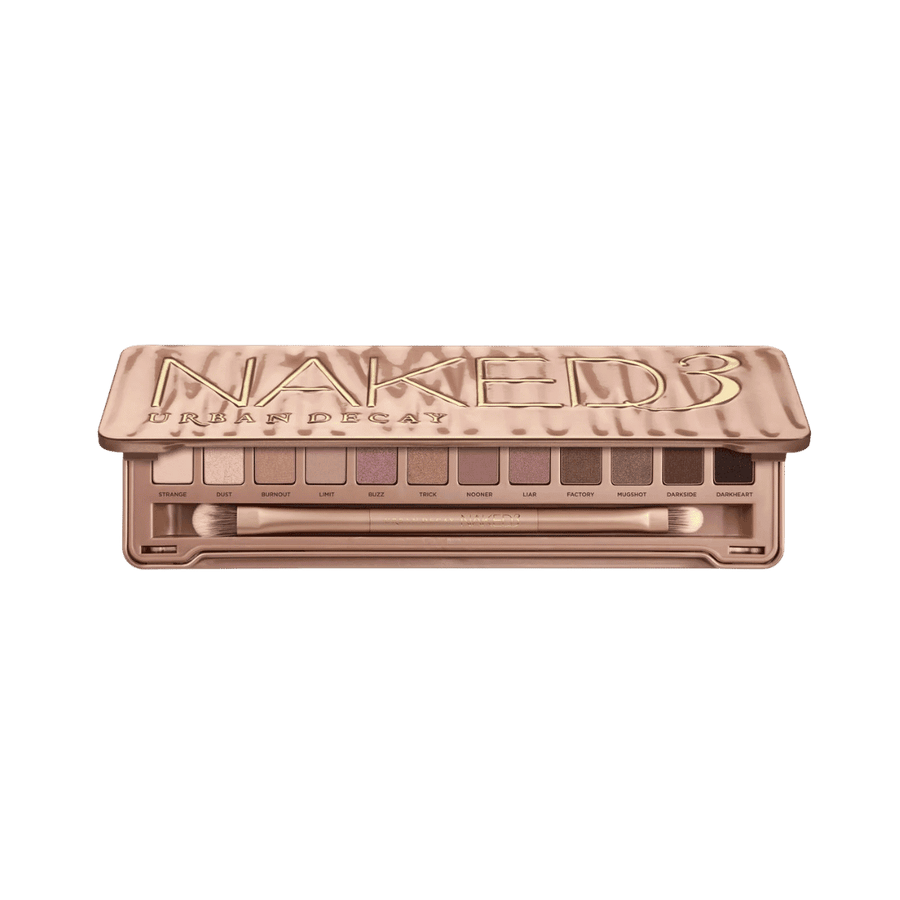 Rose-toned neutral eyeshadow palette with 12 shades, mirror, and double-ended brush packaging