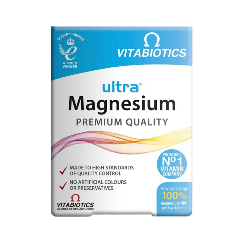 Vitabiotics Ultra Magnesium tablets box, premium quality supplement, white and blue packaging, magnesium formula.
