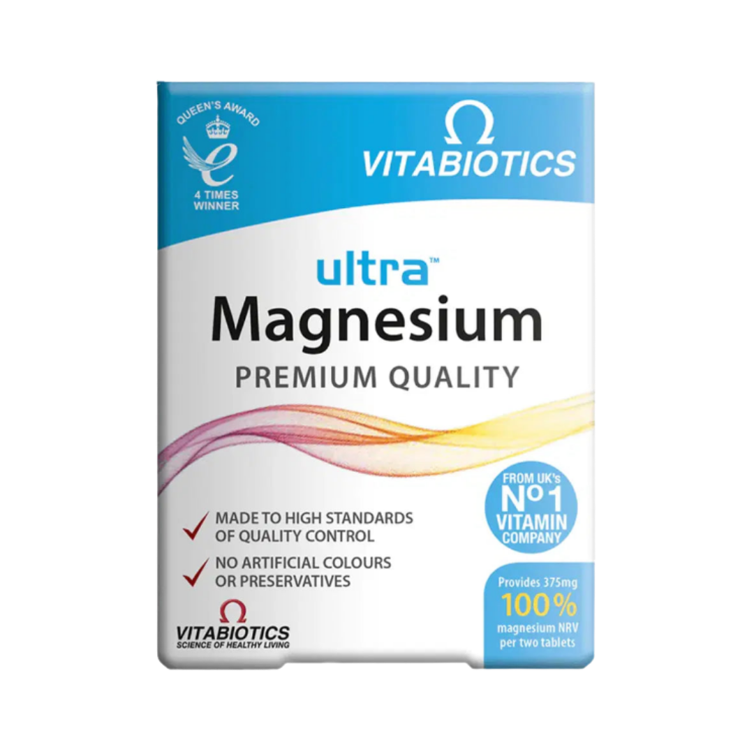 Vitabiotics Ultra Magnesium tablets box, premium quality supplement, white and blue packaging, magnesium formula.