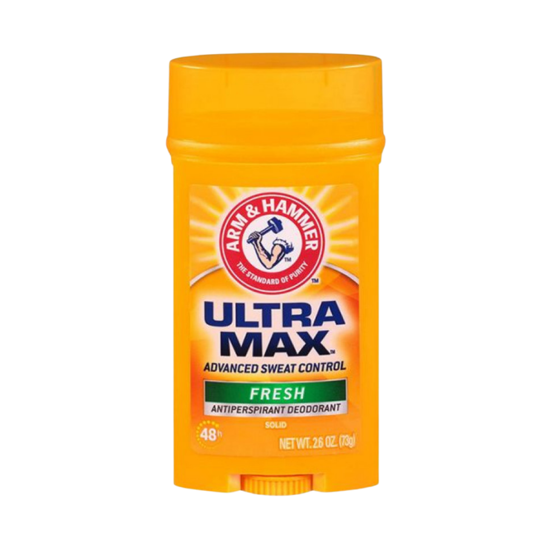 Arm & Hammer UltraMax Antiperspirant Deodorant, Fresh scent, 2.6 oz (73g), solid stick packaging.