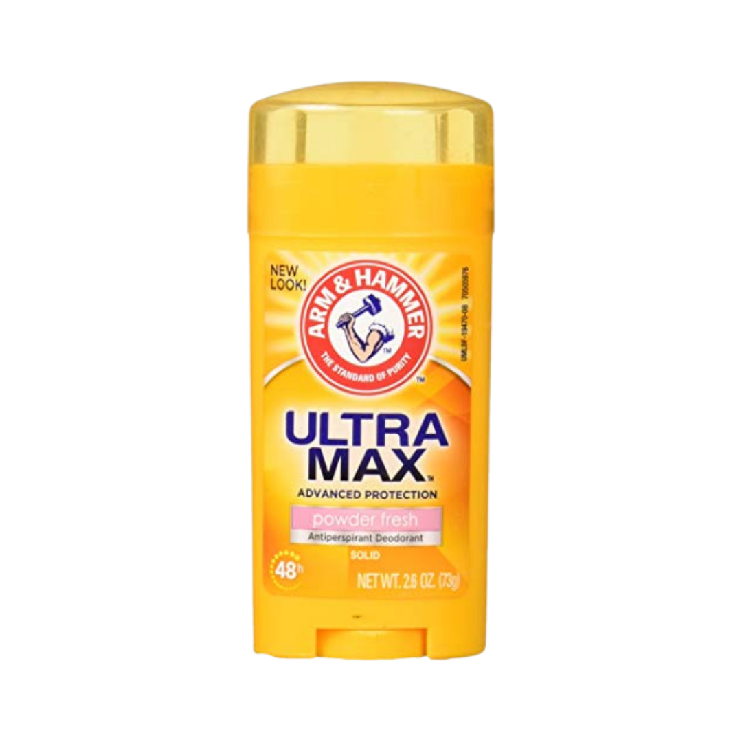 Arm & Hammer UltraMax Antiperspirant Deodorant, Powder Fresh scent, 2.5 oz (73g), solid stick packaging.