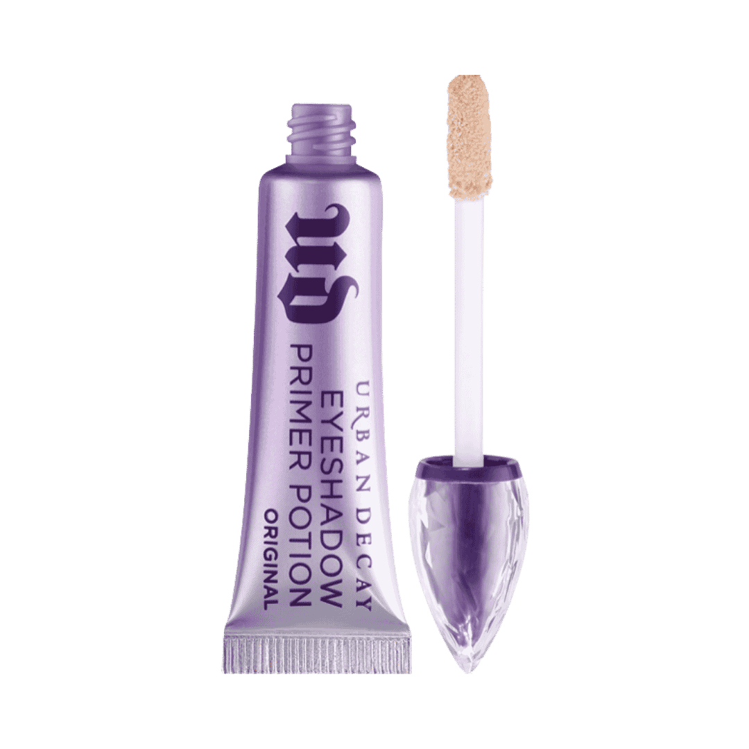 Urban Decay Original Eyeshadow Primer Potion purple tube with applicator wand and beige product on tip