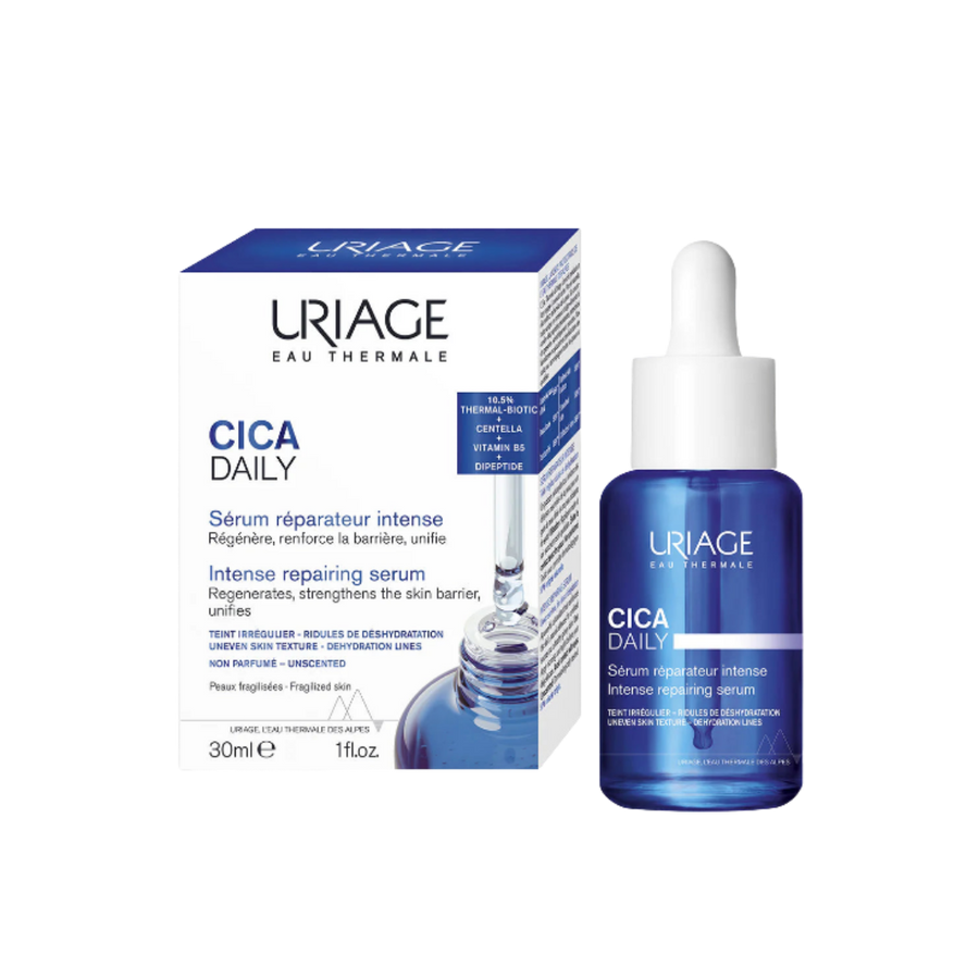 Uriage Cica Daily Intense Repairing Serum, 30ml, blue dropper bottle with matching white box.