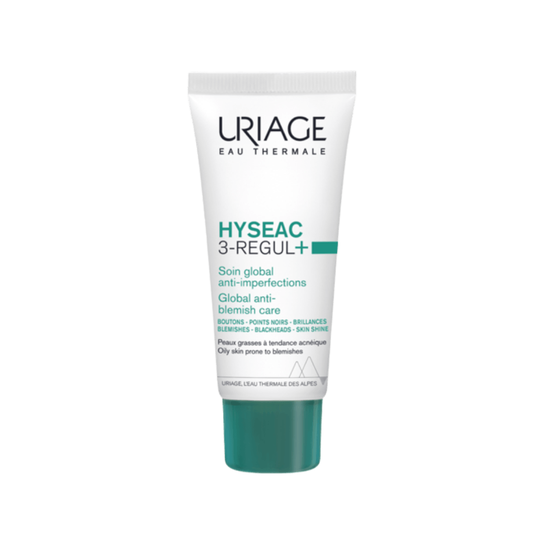 Uriage Hyseac 3-Regul+ Global Anti-Blemish Care, 40ml, for oily skin prone to blemishes, targets pimples, blackheads, and skin shine.