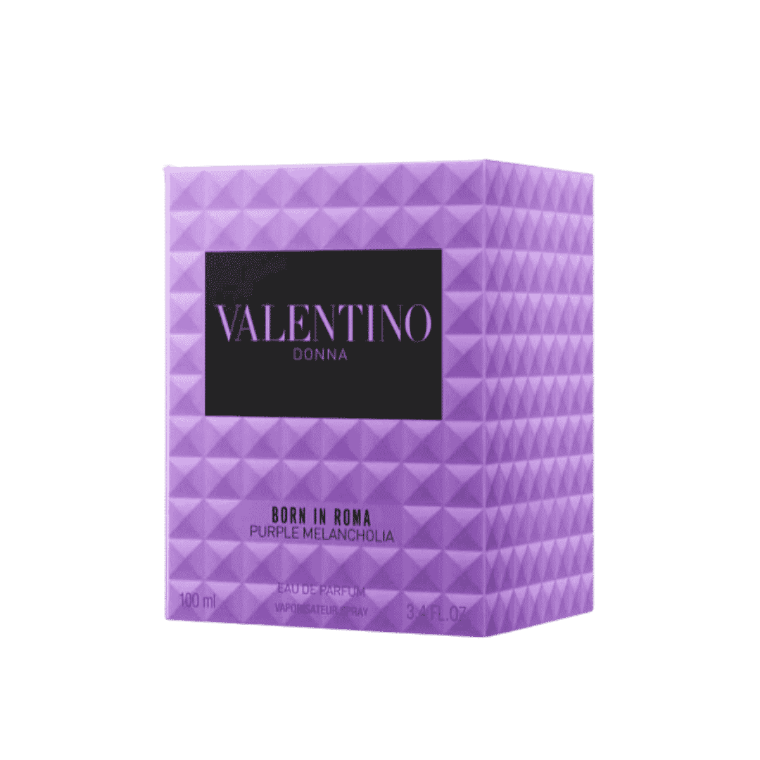 Valentino Donna Born in Roma Purple Melancholia EDP, 100ml, purple pyramid packaging.