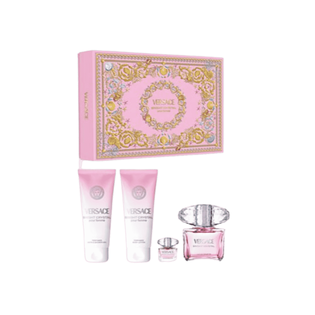 Versace Bright Crystal gift set with pink box, perfume bottle, mini fragrance, and two lotion tubes
