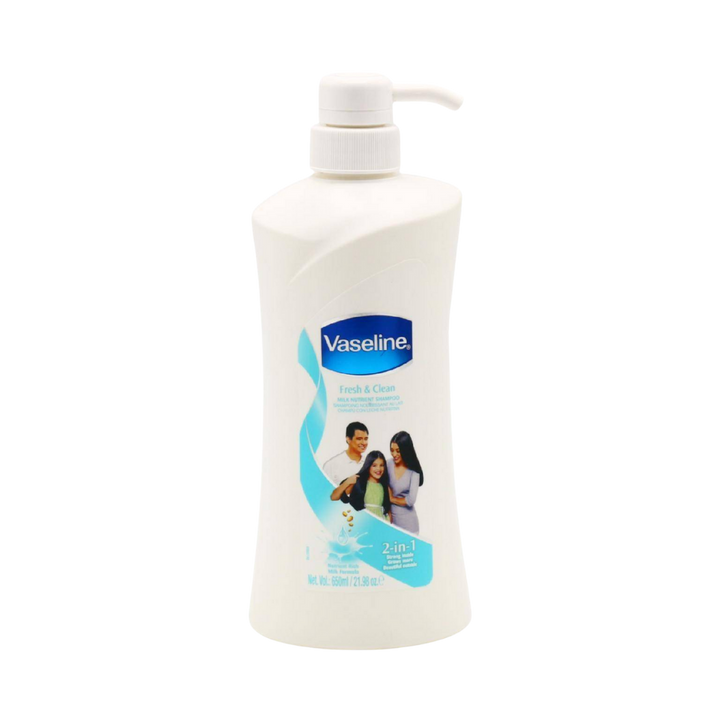 Vaseline Fresh & Clean 2-in-1 Shampoo, 650ml, white bottle with pump, suitable for daily use.