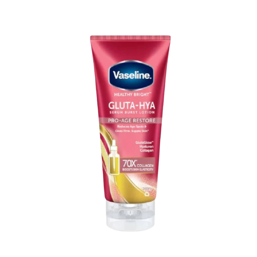 Vaseline Gluta-Hya Pro-Age Restore body lotion, 200ml, pink squeeze tube with clear flip-top cap