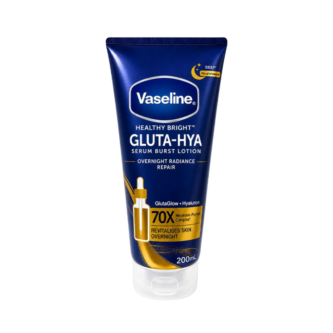 Vaseline Gluta-Hya Overnight Radiance Repair body lotion, 200ml, navy squeeze tube with clear flip-top cap