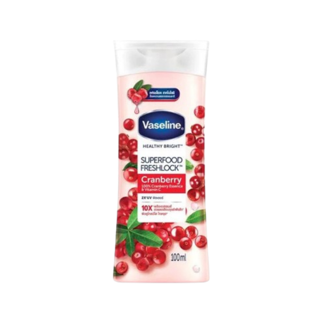 Vaseline Healthy Bright Superfood Freshlock Cranberry body lotion 100 ml bottle with cranberry fruit graphics

