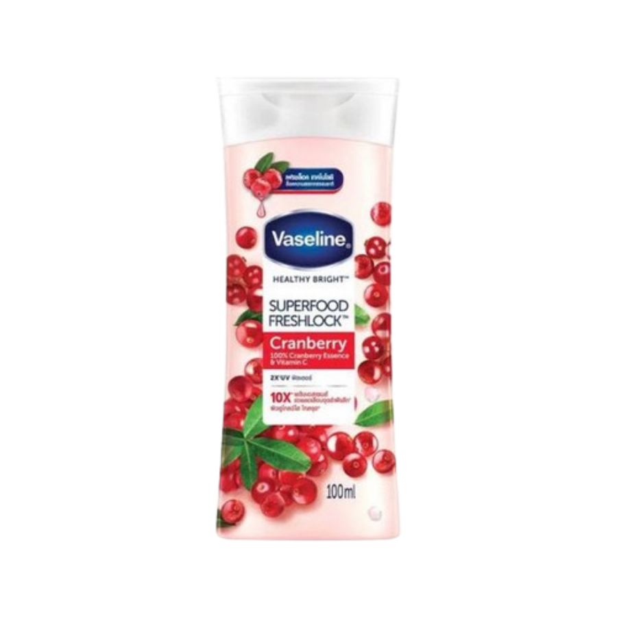 Vaseline Healthy Bright Superfood Freshlock Cranberry body lotion 100 ml bottle with cranberry fruit graphics

