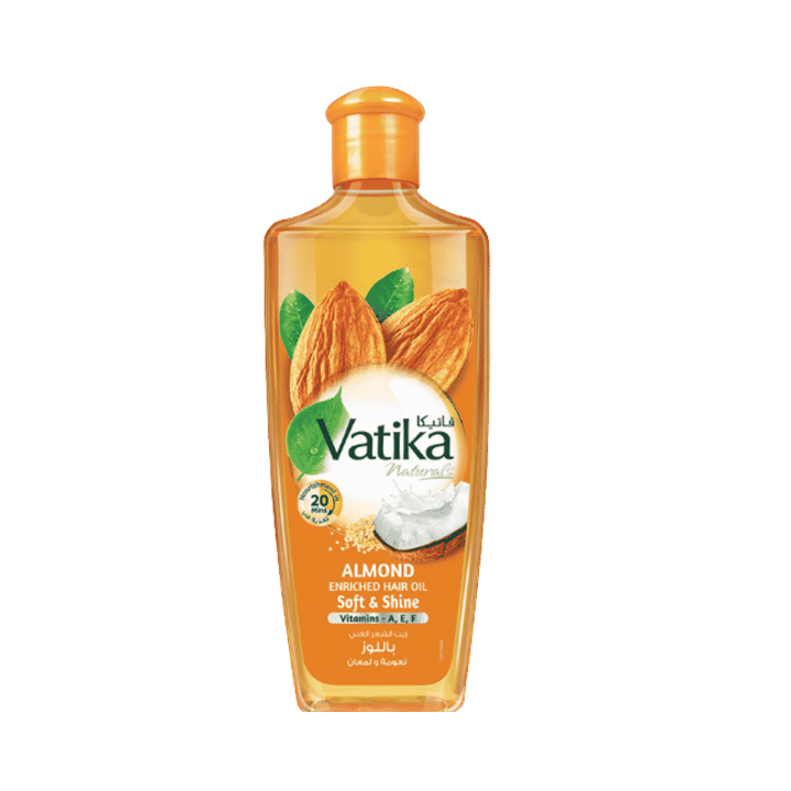 Vatika Almond Enriched Hair Oil Soft and Shine 200ml orange bottle with almond, coconut, and green leaf illustrations