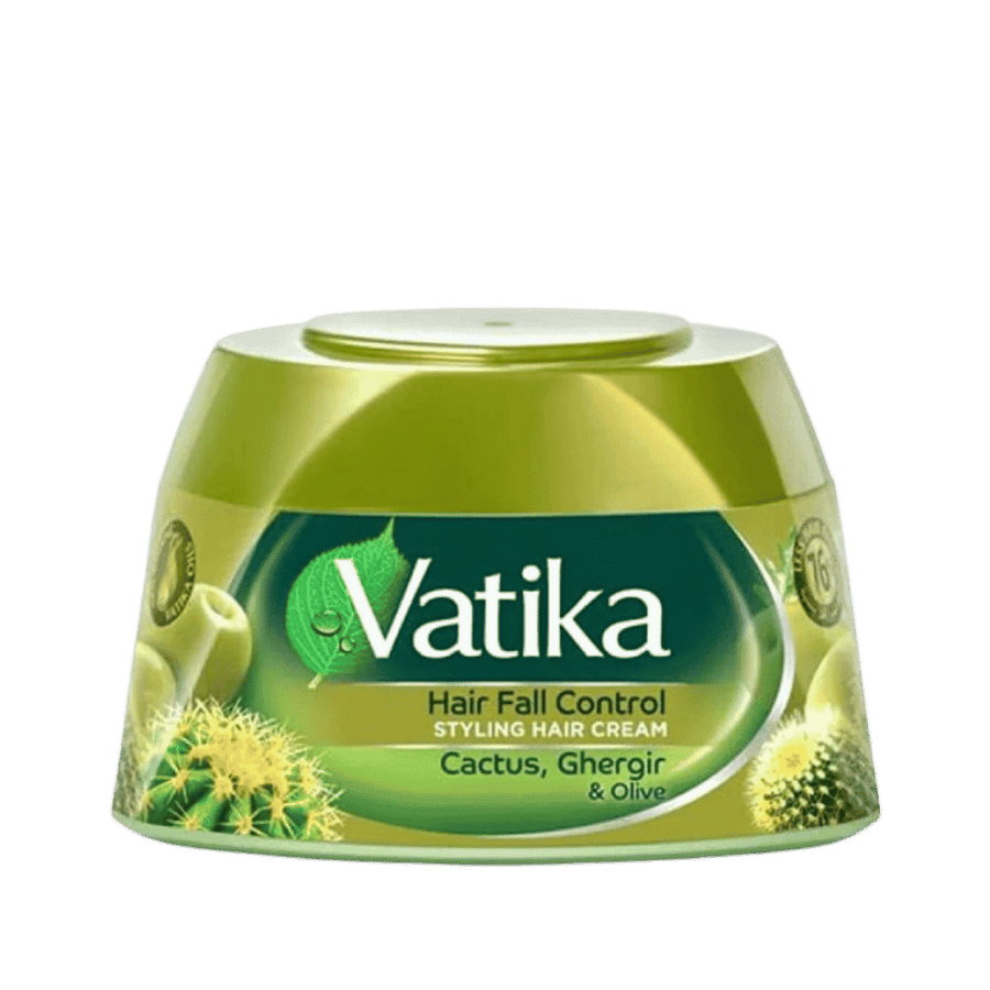Vatika Hair Fall Control styling cream, 140 ml green jar with cactus, ghergir, and olive graphics.