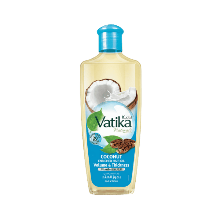 Vatika Natural Coconut Hair Oil 200ml clear bottle with blue cap, coconut imagery, and volume and thickness label