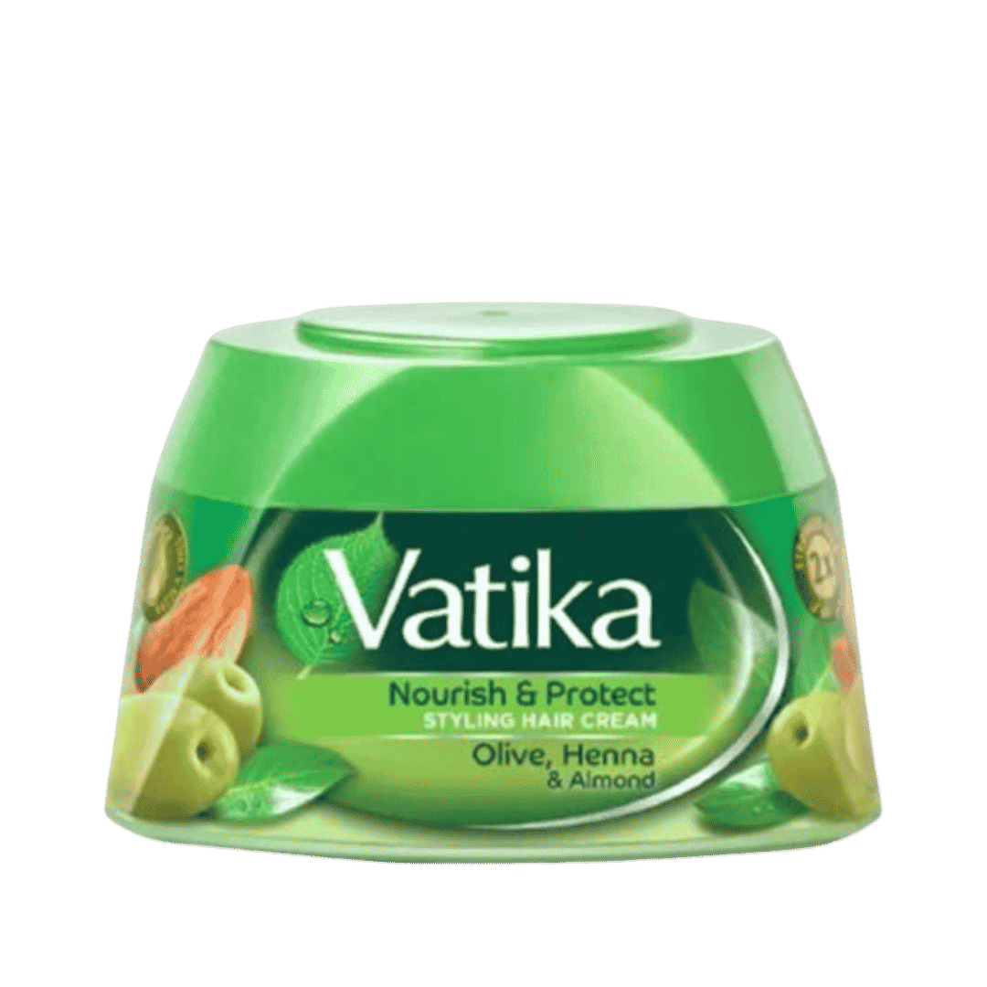Vatika Nourish & Protect styling hair cream, 140 ml green jar with olive, henna, and almond graphics.