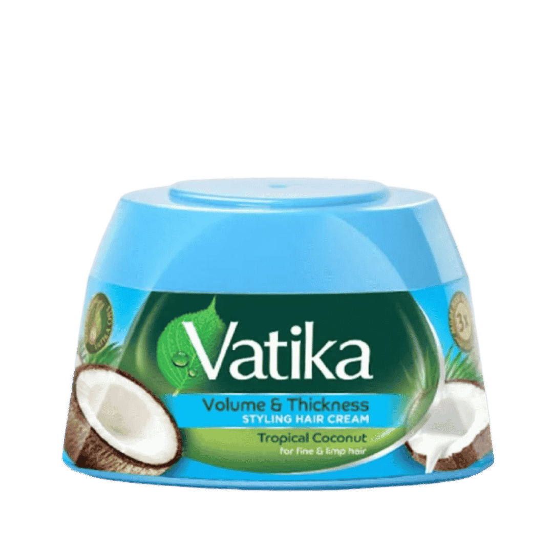 Vatika Volume & Thickness styling hair cream, 140 ml blue jar with tropical coconut graphics.