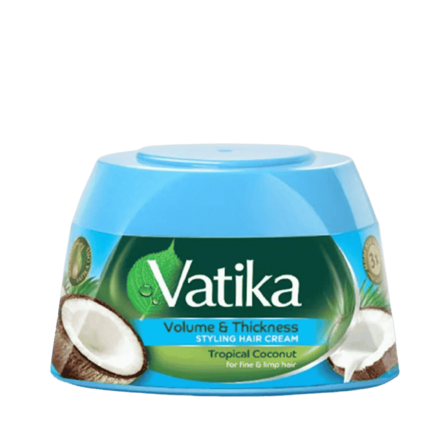 Vatika Volume & Thickness styling hair cream, 140 ml blue jar with tropical coconut graphics.