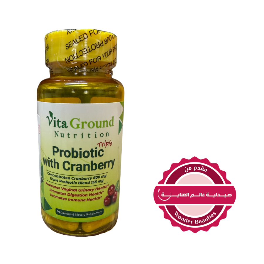 Vita Ground Nutrition Triple Probiotic with Cranberry dietary supplement capsules bottle 30 capsules supports digestion urinary health and immunity