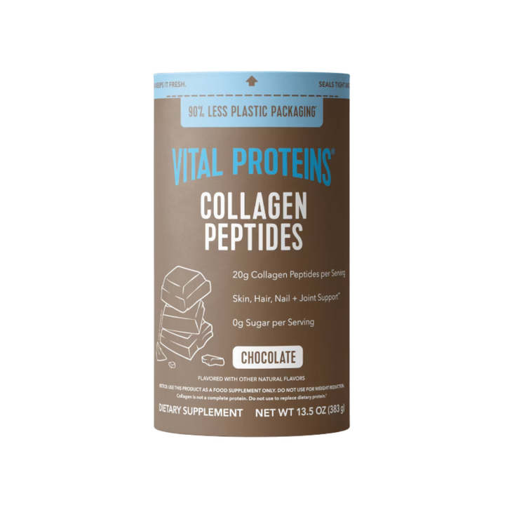 Vital Proteins Collagen Peptides Chocolate 383g dietary supplement tub with 20g collagen peptides per serving.