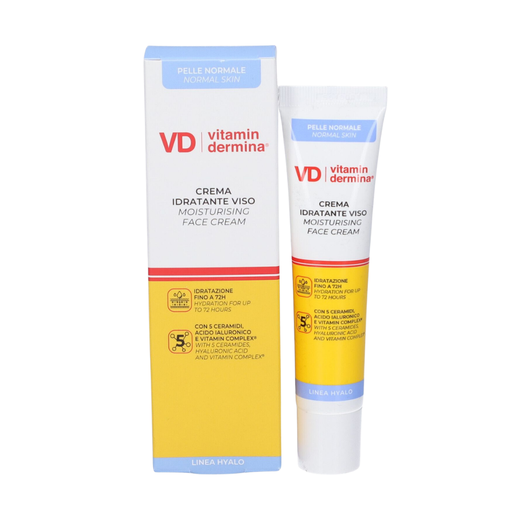 Vitamin Dermina moisturising face cream, 40ml, white tube with yellow-blue accents beside matching carton.