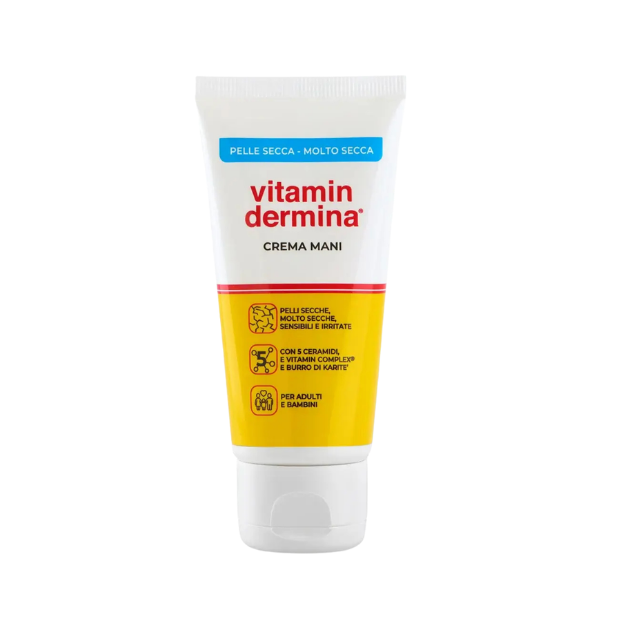 Vitamin Dermina hand cream, 50ml, white tube with yellow panel, blue label, and flip-top cap.