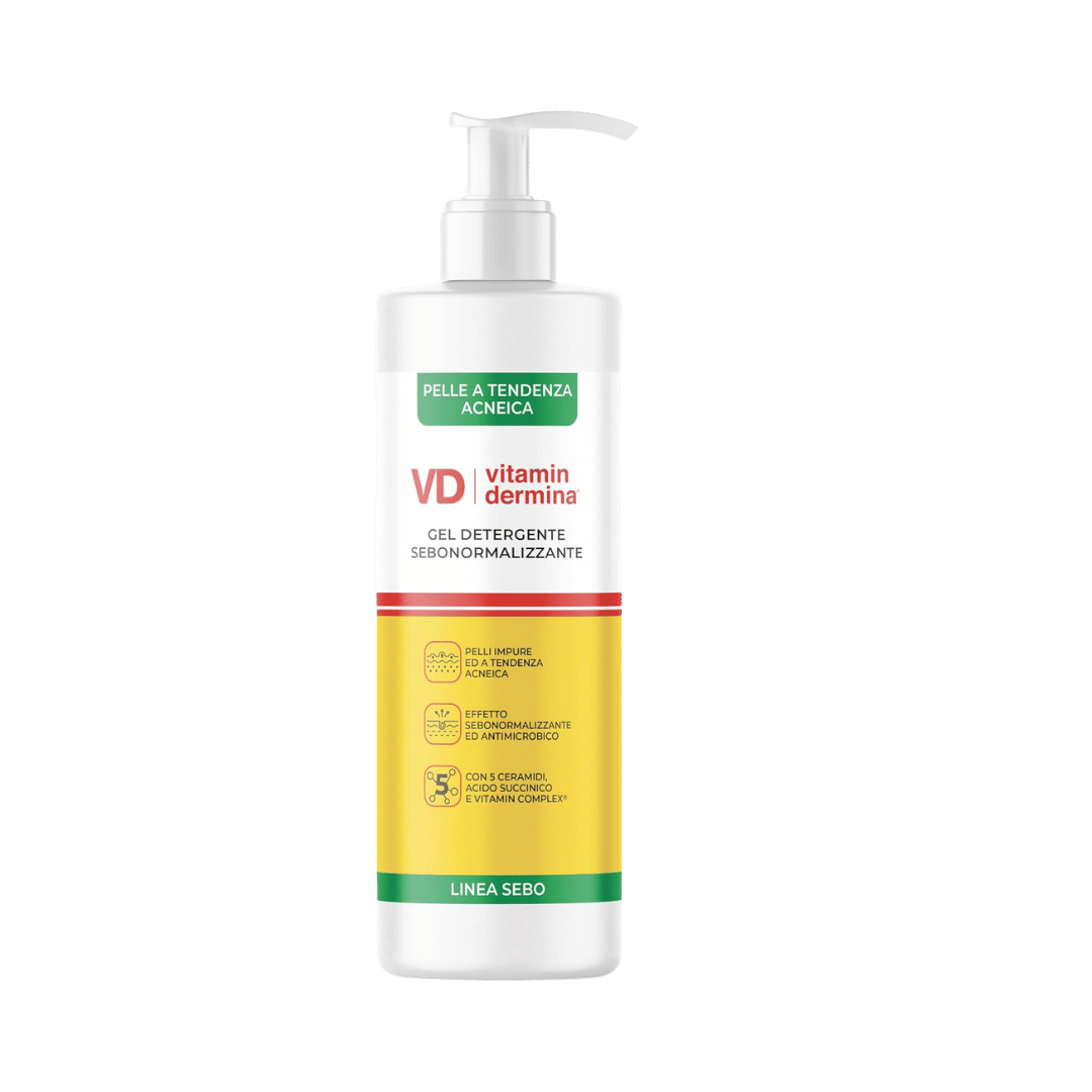 Vitamin Dermina sebum-normalizing cleansing gel for acne-prone skin in white pump bottle with green-yellow label.